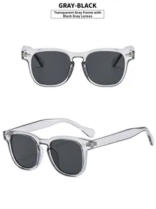 Détail de lunettes de soleil à monture grise transparente avec rivets et verres gris-noir