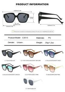 Detailed size chart for UV400 fashion sunglasses featuring frame width and temple length