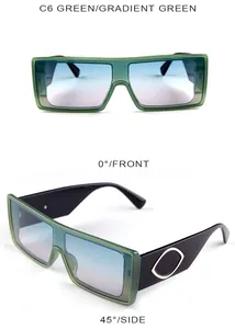 Detail view of square green sunglasses featuring blue-pink gradient lenses and gold eye accents