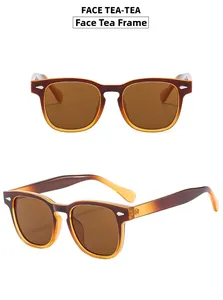 Détail de lunettes de soleil rondes rétro avec verres thé, monture écaille et rivets métal