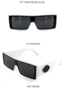Front and 45-degree side views of white square sunglasses with gold oval metal trim