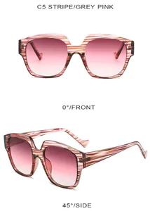 Detailed front and 45-degree side view of grey pink striped square sunglasses