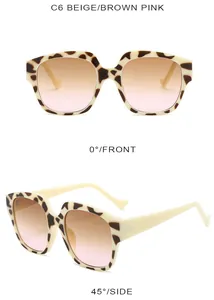 Detail view of beige leopard square sunglasses with brown gradient lenses and wavy temples