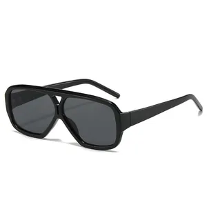 Fashionable pilot style sunglasses with glossy black frame and dark grey lenses