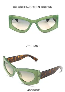 Cat eye sunglasses with translucent green frame and gradient lenses in two views