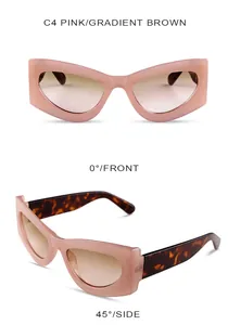 Close-up of pink cat-eye sunglasses with gradient brown lenses and tortoiseshell temples