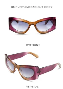 Front and side view of cat-eye sunglasses with purple gradient frames and grey lenses