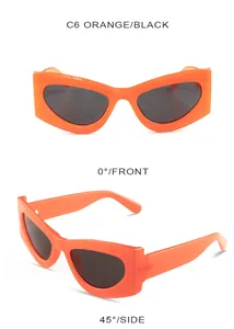 Detail view of orange and black cat-eye sunglasses showing front and 45-degree side angles