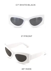 Detailed front and side views of white thick frame sunglasses with dark black lenses