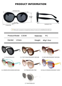 Gedetailleerde maattabel en specificaties voor vintage unisex PC-zonnebrillen