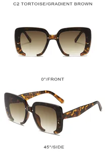 Detailed front and side view of tortoise shell square sunglasses with gradient brown lenses