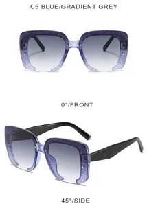 Front and side view of square glitter blue sunglasses with gradient grey lenses