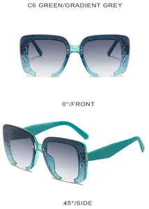 Detail view of square green glitter sunglasses with gradient grey lenses from dual angles