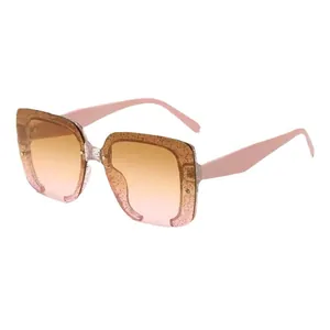 Chic square glitter frame sunglasses with orange to pink gradient lenses for women