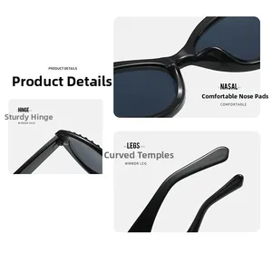 Détails de lunettes œil-de-chat noires montrant les charnières et les plaquettes