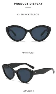 Détails de lunettes de soleil œil-de-chat noires avec clous décoratifs et fini poli