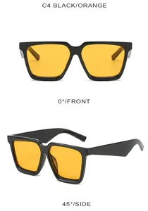 Front- und Seitenansicht der quadratischen Sonnenbrille mit schwarzen Rahmen und orangen Gläsern
