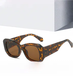 Detailed close-up of dark brown leopard print sunglasses on a minimalist white display