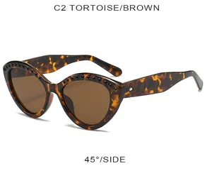 Détails des lunettes de soleil œil de chat écaillé avec rivets et verres bruns