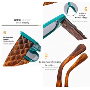 Detailed views of teal sunglasses featuring quilted texture temples and tortoise accents