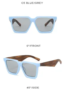 Vorder- und 45-Grad-Seitenansicht der blauen quadratischen Brille mit Schildpatt-Bügeln