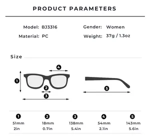 Detailed size chart for women's cat-eye sunglasses model BJ3316 with measurements in mm