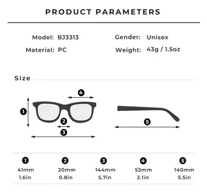 Detailed size chart for BJ3313 unisex irregular sunglasses showing PC frame dimensions