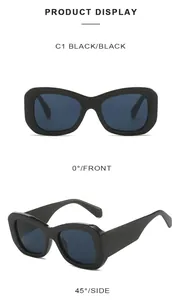 Front and 45-degree side view of modern black sunglasses with thick frames and dark lenses