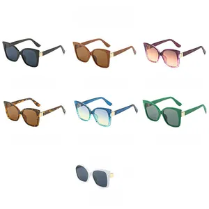 Detailed grid showing seven trendy cat-eye sunglasses colors with gold metal accents