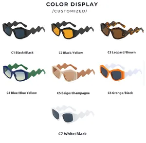 Matrix display of fashion sunglasses featuring unique wavy temples in seven distinct colors