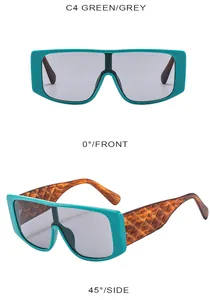 Green square frame sunglasses with brown quilted pattern temples from front and side view