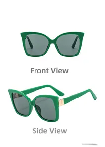 Detailed front and side view of cat eye sunglasses with green frames and dark grey lenses