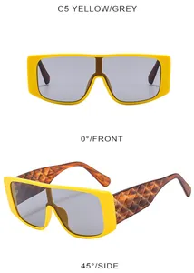 Front and 45-degree angle view of yellow oversized sunglasses with textured temples