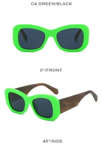 Detail of neon green sunglasses with brown wood grain temples and black lenses