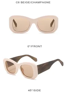 Detailed front and side views of beige square sunglasses with champagne lenses
