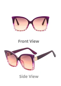 Detail view of purple cat eye sunglasses with red and white polka dots and gold hinge