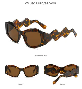 Detailed views of irregular leopard sunglasses with wavy temples and brown lenses