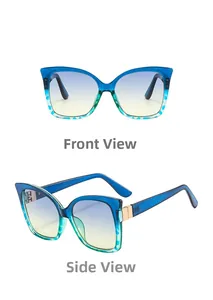 Front and side view of gradient cat eye sunglasses showing golden temple joints