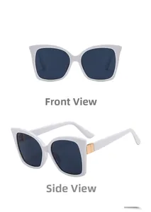 Front and side views of white cat eye sunglasses with gold metal hinge detail