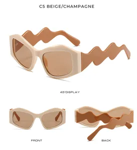 Three-way view of irregular beige sunglasses with unique wave temple design and champagne lenses