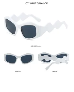 Detailed views of stylish white sunglasses featuring unique wavy temple design and dark lenses