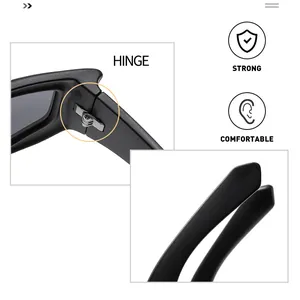 Detail of matte black sunglasses showing reinforced metal hinges and ergonomic temple tips
