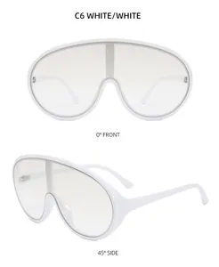 Makro-Detail der weißen Oversize-Visier-Sonnenbrille mit C6-Farbgestell und Metallakzenten