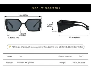 Detailed size chart for punk geometric sunglasses featuring frame and temple dimensions