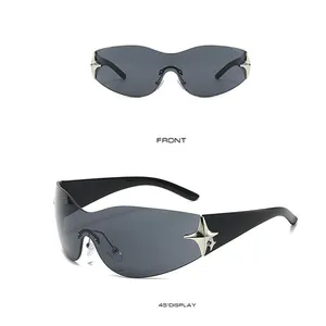 Detailed front and side view of rimless wrap sunglasses with silver star temple accents