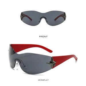 Front and 45-degree angle views of rimless sports sunglasses with star metal accents