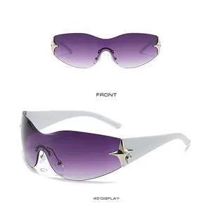 Detail of shield sunglasses with purple gradient lenses and silver star hinge accents