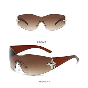 Detail view of rimless sunglasses with gradient lenses and silver star metal accents