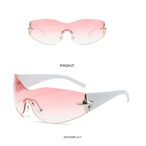 Close-up of pink gradient rimless sunglasses with silver star detail and white temples