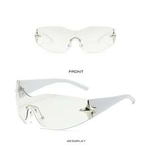 Frameless sunglasses with white temples and silver star detail from front and 45-degree angle